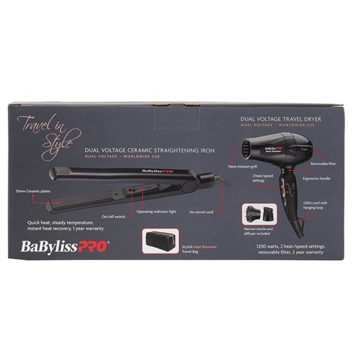 BaByliss Travel In Style Dryer Straightener Set Package Reverse Side