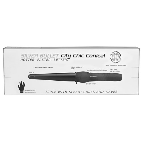 Silver Bullet City Chic Large Ceramic Conical Curling Iron Back of Box